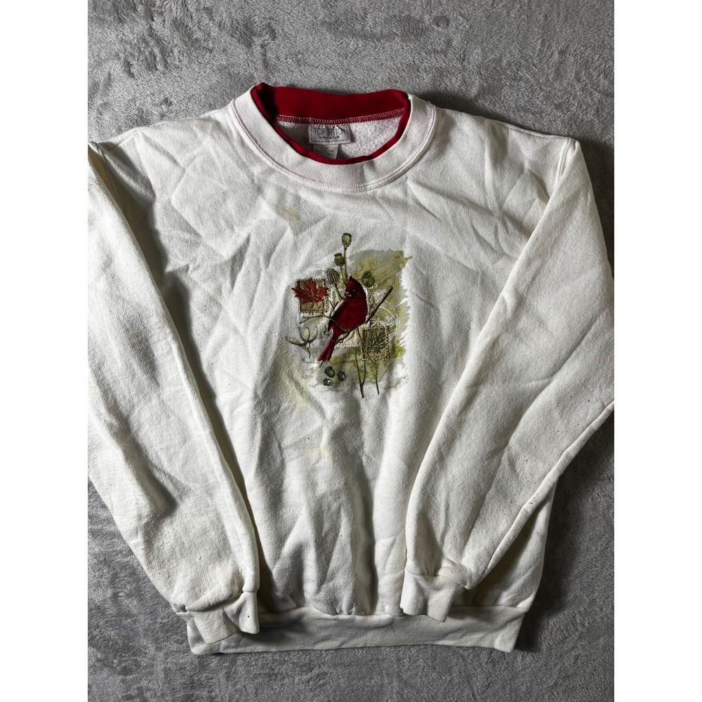 Vintage Top Stitch Morning Sun Cardinal Sweatshirt Cream Red Double Collar Med